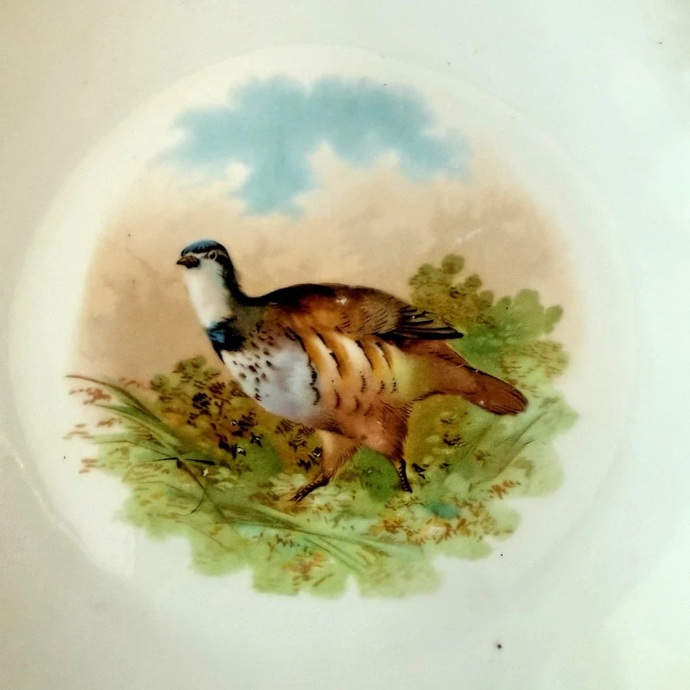 Vintage Silesien Game Bird Plate Mint Green Luster Pink Flowers